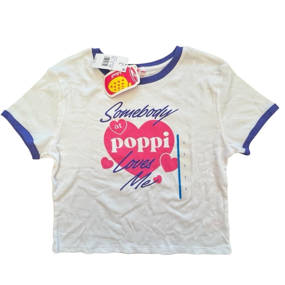 Poppi White and Pink Crop T-Shirt with Purple Trim, L - Picture 2 of 5